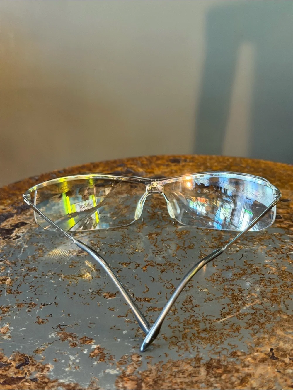 CHANEL Clear Rimless Shield Sunglasses with Silver Temples